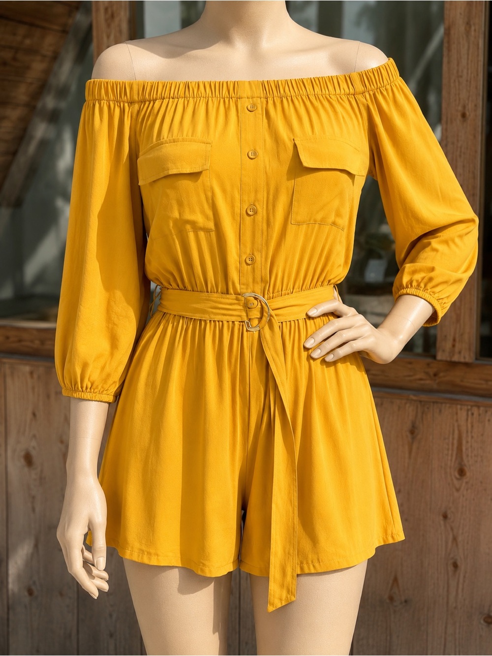 🆕 Off-Shoulder Belted Romper in Mustard Yellow